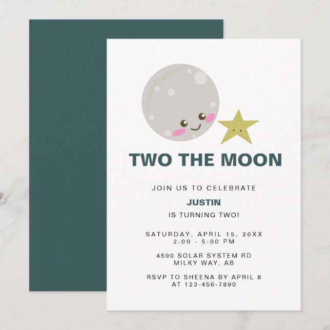 Two the Moon Kawaii 2nd Birthday Space Galaxy Cute Invitation (Front/Back)