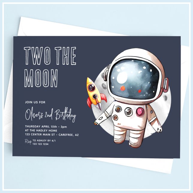 Two The Moon Modern Blue 2nd Birthday Invitation (Creator Uploaded)