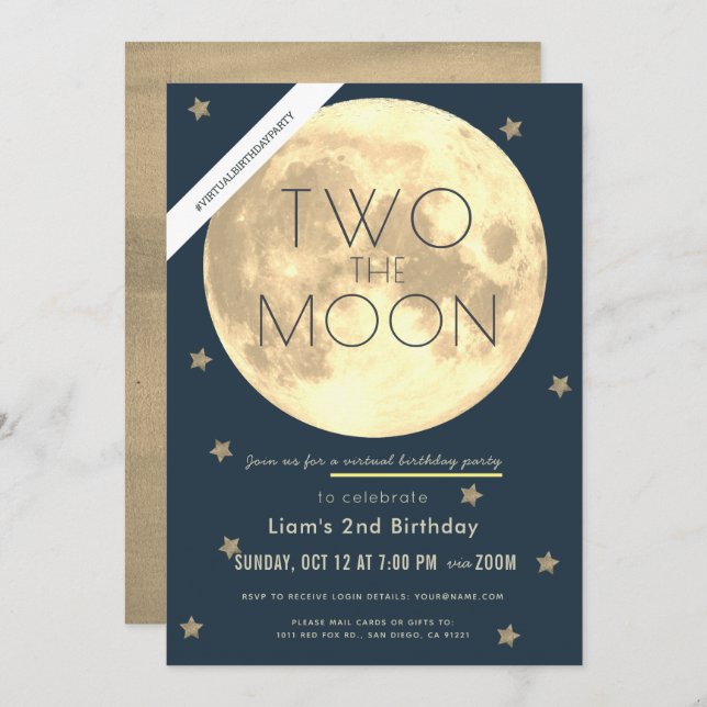 Two the Moon Navy Blue Boy Virtual 2nd Birthday Invitation (Front/Back)