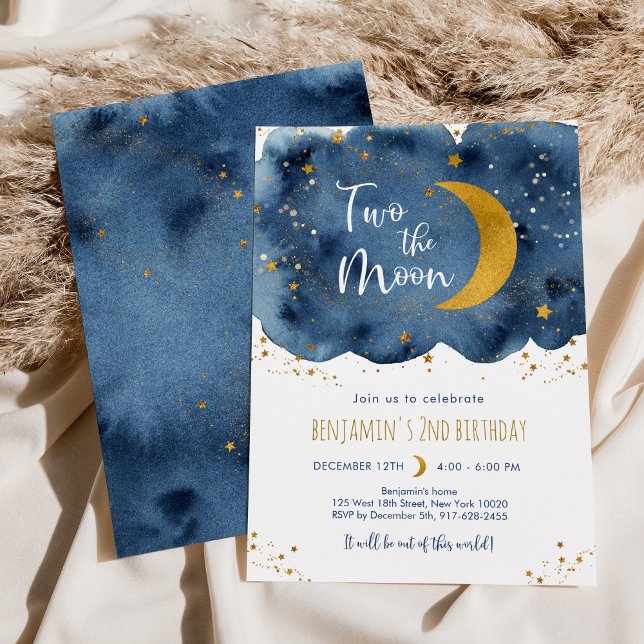 Two the Moon Navy Gold Galaxy Birthday Invitation (Creator Uploaded)