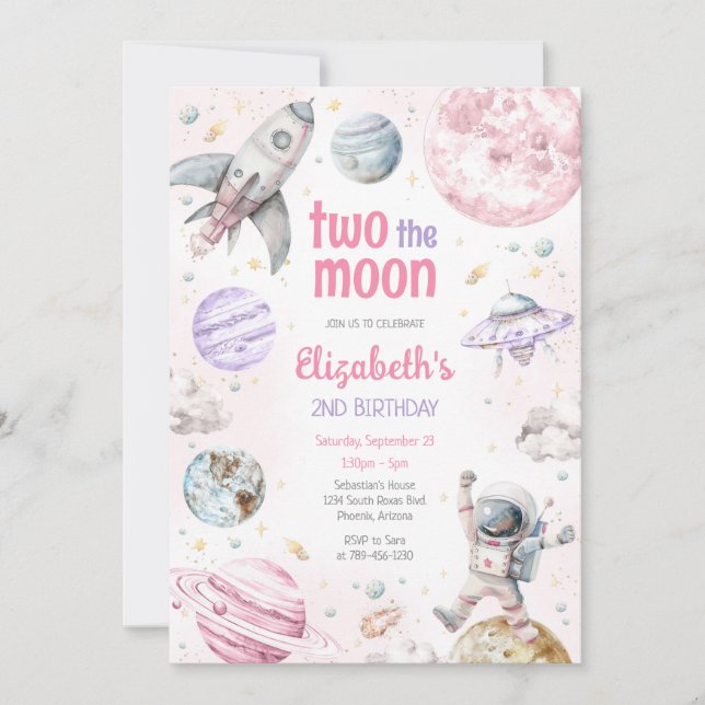 Two The Moon Outer Space Astronaut 2nd Birthday Invitation (Front)