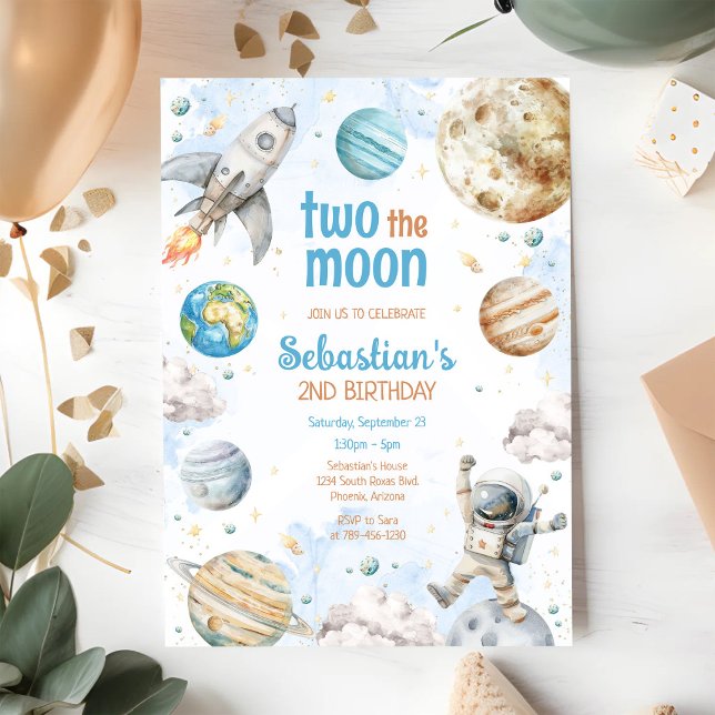 Two The Moon Outer Space Astronaut 2nd Birthday Invitation (Creator Uploaded)
