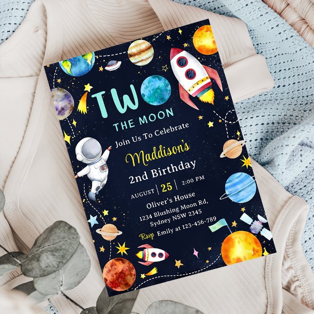 Two The Moon Outer Space Blue 2nd Birthday Party  Invitation (Creator Uploaded)