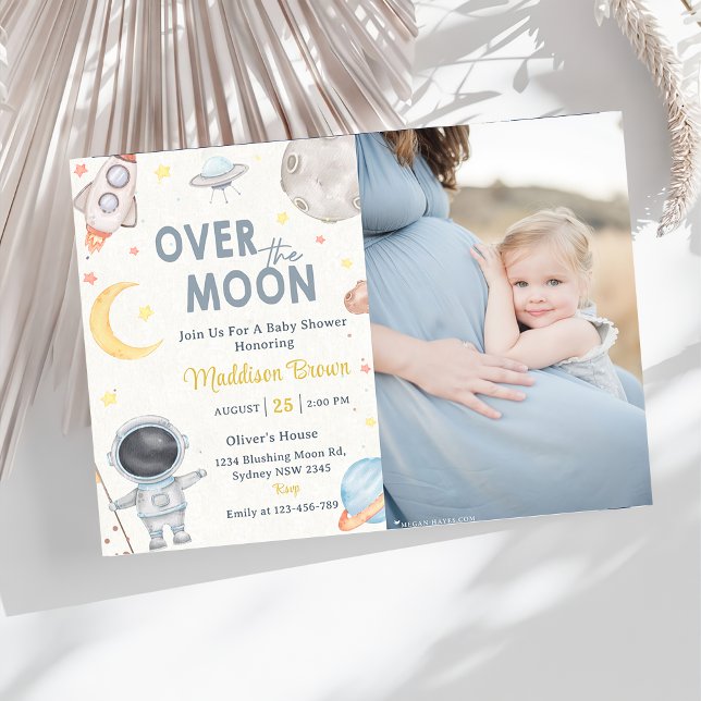 Two The Moon Outer Space Blue Baby Shower  Party Invitation (Creator Uploaded)