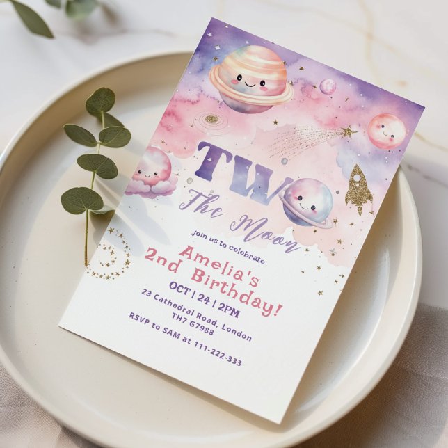 Two the Moon Outer space pink girl 2nd Birthday Invitation (Creator Uploaded)