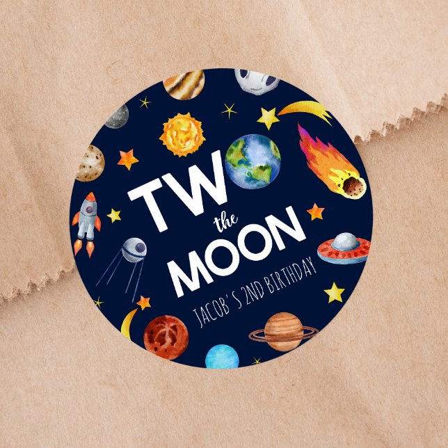 Two The Moon Outer Space Planet Birthday Party Classic Round Sticker (Creator Uploaded)