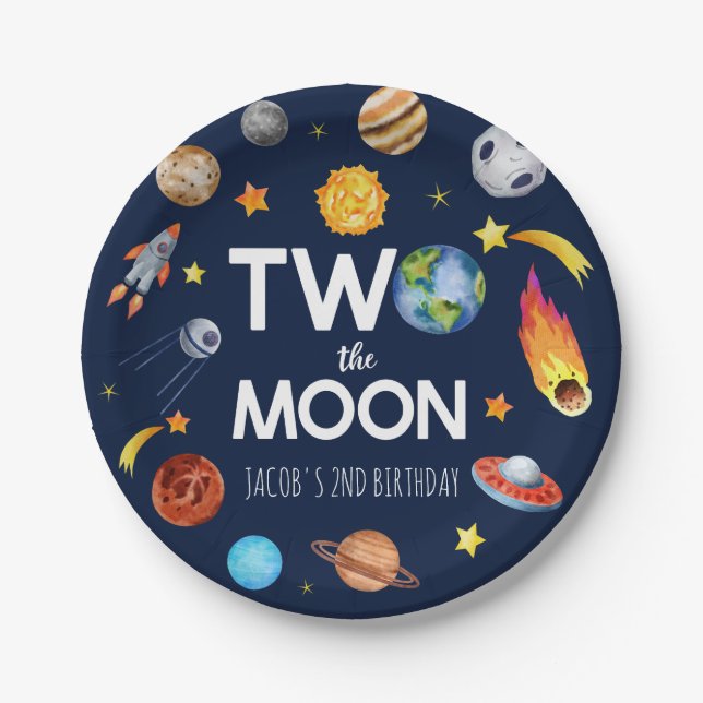 Two The Moon Outer Space Planet Birthday Party Paper Plate (Front)