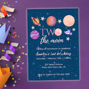 Two The Moon Outer Space Ship Planets 2nd Bday Invitation