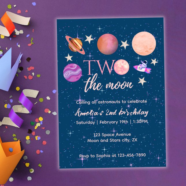Two The Moon  Outer Space Ship Planets 2nd Bday Invitation (Creator Uploaded)
