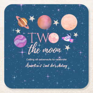 Two The Moon Outer Space Ship Planets 2nd Bday Square Paper Coaster