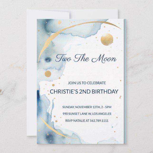 Two The Moon: Pale Blue 2nd Birthday Invitation (Front)