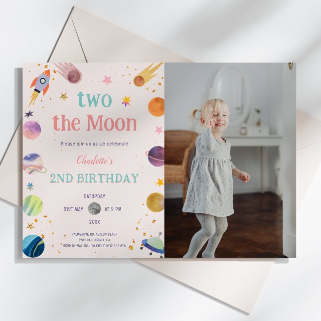 Two the Moon Pastel Outerspace Photo 2nd Birthday Invitation (Two the Moon Pastel Outerspace - Space 2nd Photo Birthday Invitation )