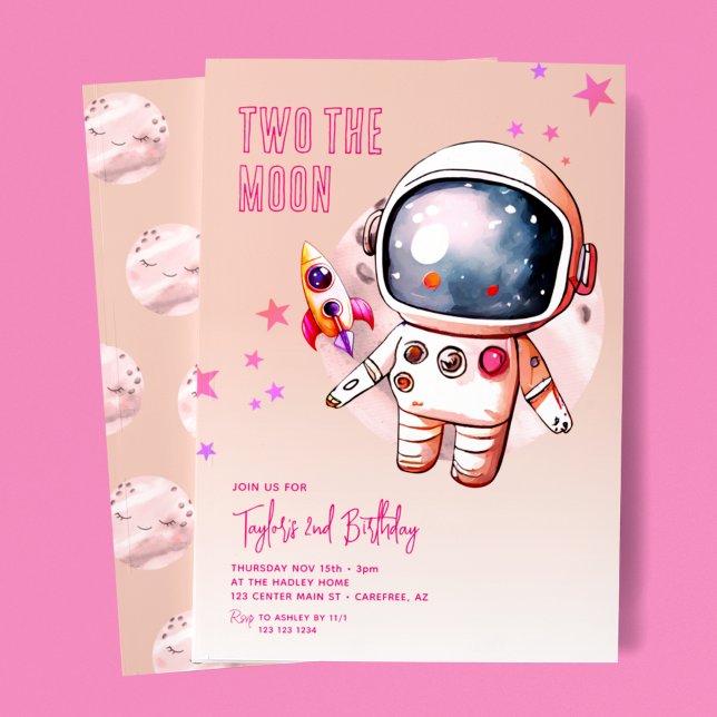 Two The Moon Peach Pink 2nd Birthday Invitation (Creator Uploaded)