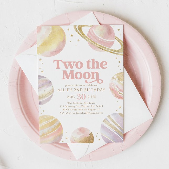 Two the Moon Pink and Gold Outer Space Birthday Invitation (Creator Uploaded)
