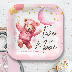 TWO the Moon   Pink Girl 2nd Birthday Invitation Paper Plate