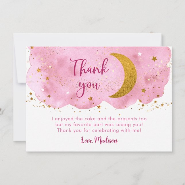 Two the Moon Pink Gold Galaxy Birthday Thank You Card (Front)