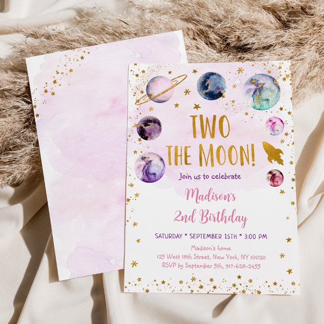 Two The Moon Pink Gold Girl Space Birthday Invitation (Creator Uploaded)