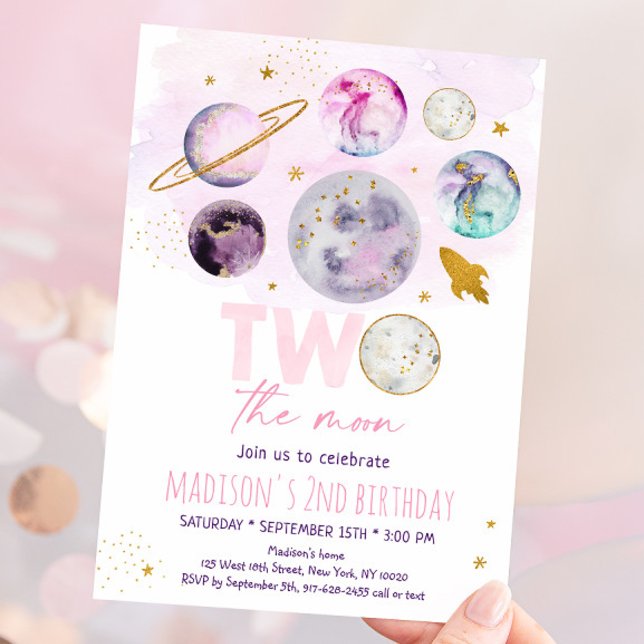 Two The Moon Pink Gold Outer Space Birthday Invitation (Creator Uploaded)