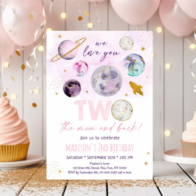 Two The Moon Pink Gold Space Birthday Invitation (Creator Uploaded)