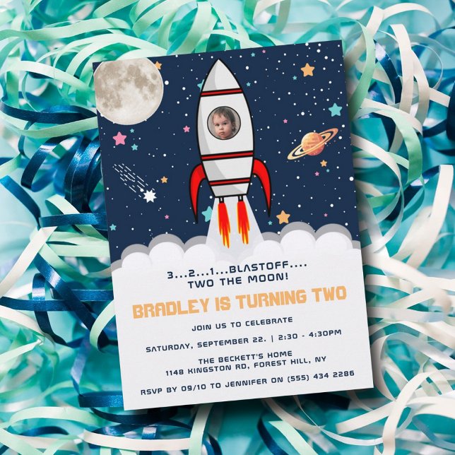 Two the Moon Rocket Ship 2nd Birthday Photo Invitation (Creator Uploaded)