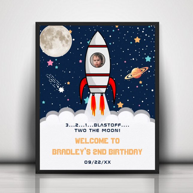 Two the Moon Rocket Ship 2nd Birthday Photo Poster (Creator Uploaded)