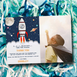 Two the Moon Rocket Ship 2nd Birthday Photo Thank You Card