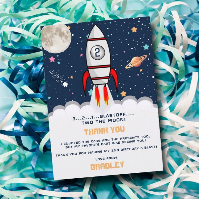 Two the Moon Rocket Ship 2nd Birthday Thank You Card (Creator Uploaded)