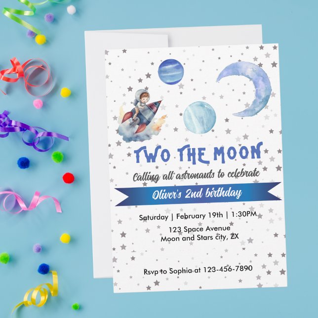 Two The Moon Rocket Space Blue Boy 2nd Birthday  Invitation (Creator Uploaded)