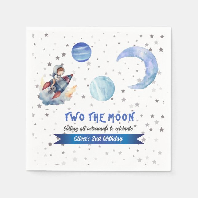 Two The Moon Rocket Space Blue Boy 2nd Birthday  Napkin (Front)