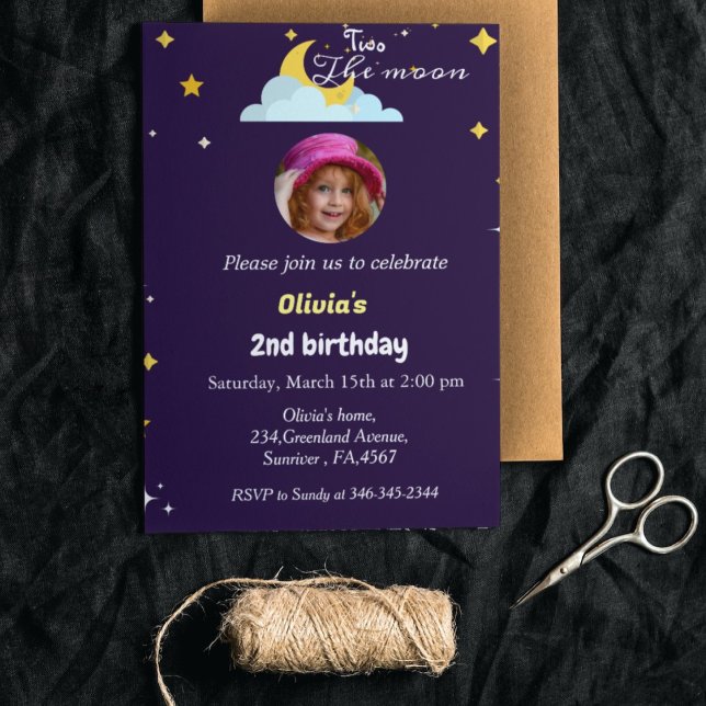 Two the moon secong birthday girl birthday party  invitation (Creator Uploaded)