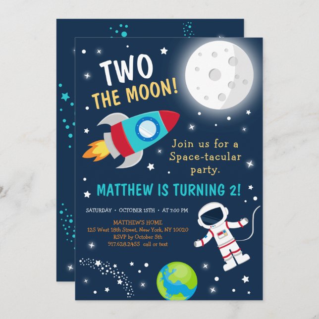 Two The Moon Space Birthday Invitation (Front/Back)