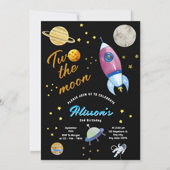 Two the Moon Space Birthday| Rocket and Planets Invitation (Front)
