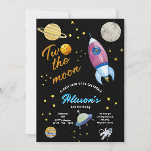Two the Moon Space Birthday  Rocket and Planets Invitation
