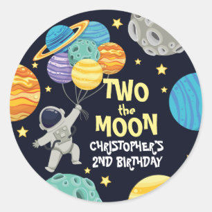 Two the moon Space Planet blue 2nd Birthday Party Classic Round Sticker
