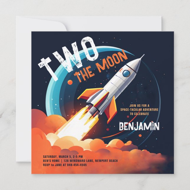 Two the Moon Space Rocket Planets Boy 2nd Birthday Invitation (Front)
