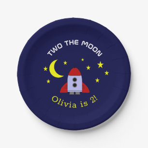 Two The Moon Space Rocket Ship 2nd Birthday Paper Plate