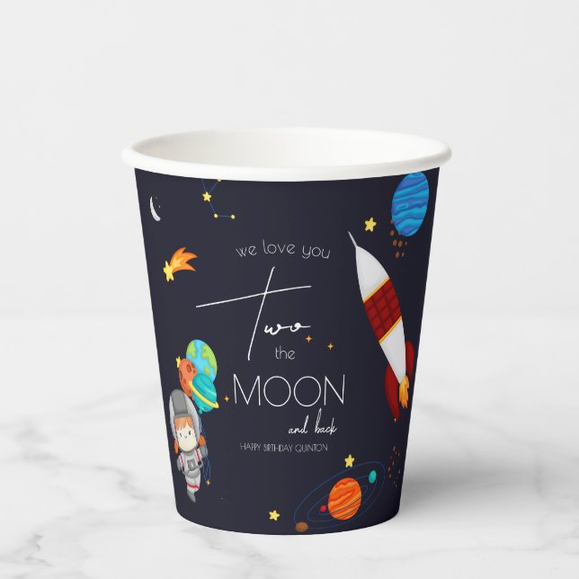 Two the Moon Space Theme 2nd Birthday Party Paper Cups (Front)
