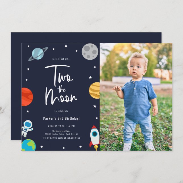 Two The Moon Space Theme Birthday Party Photo Invitation (Front/Back)
