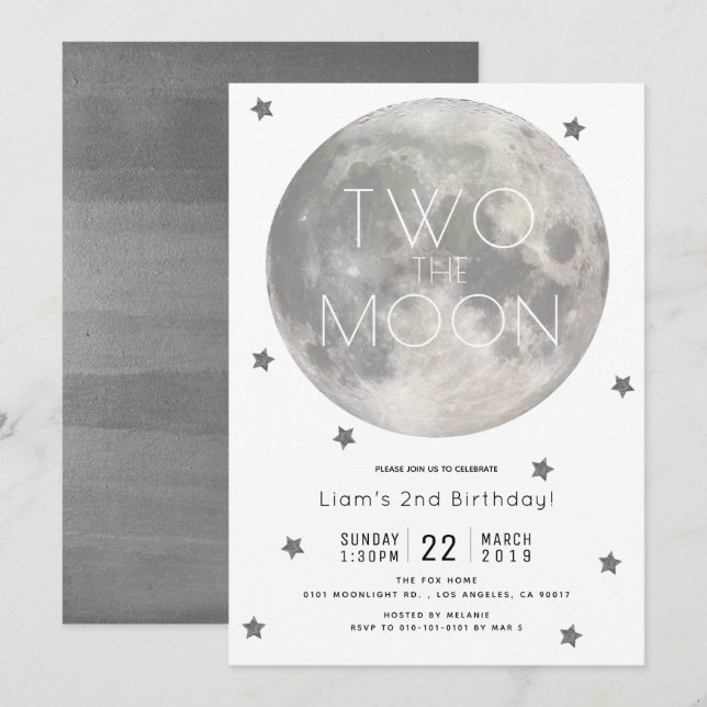 Two the Moon White Silver Boy 2nd Birthday Invitation (Front/Back)