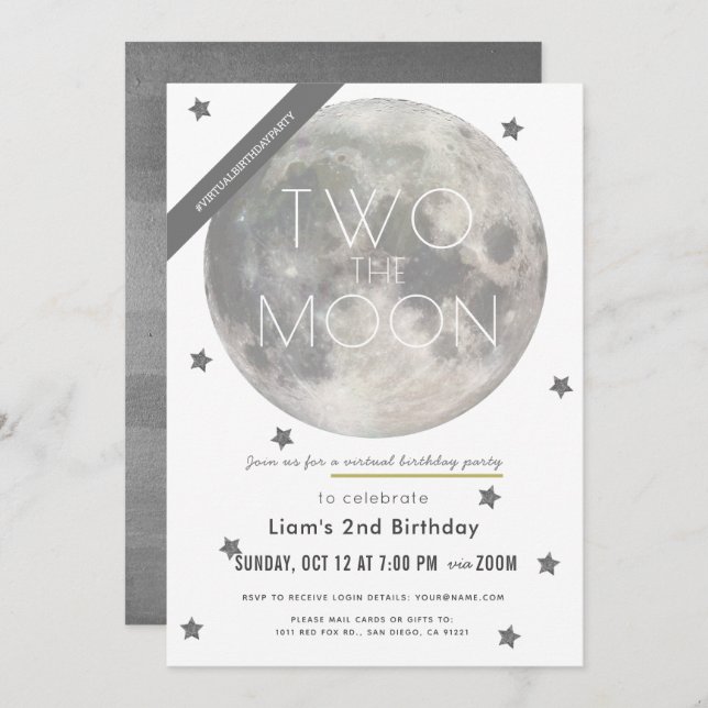 Two the Moon White Silver Boy Virtual 2nd Birthday Invitation (Front/Back)