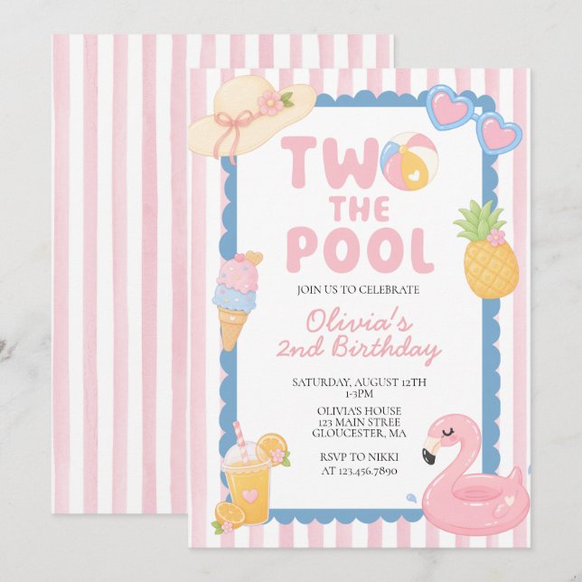Two the Pool Summer Pool Party 2nd birthday Invitation (Front/Back)