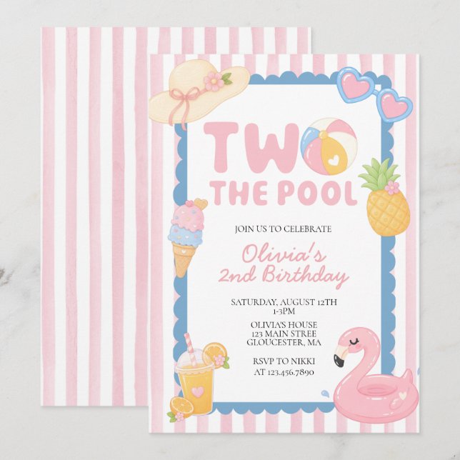 Two the Pool Summer Pool Party 2nd birthday Invitation (Front/Back)