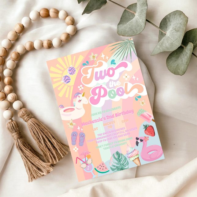 Two The Pool Summer Rainbow Sun 2nd Birthday Invitation (Creator Uploaded)