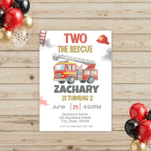Two the Rescue 2nd Birthday Invitation Firetruck