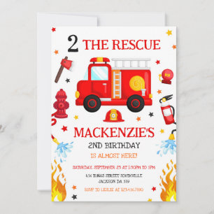 Two The Rescue Firetruck 2nd Birthday Invitation