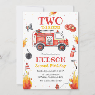 Two the Rescue Firetruck 2nd Birthday Invitation