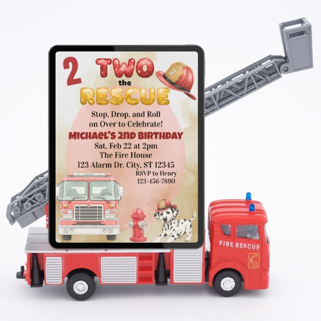 Two the Rescue, Watercolor Firetruck 2nd Birthday Invitation (Creator Uploaded)