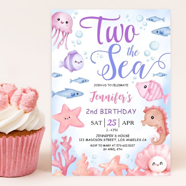 TWO The Sea! 2nd Birthday Baby Girl Cute Ocean  Invitation (Creator Uploaded)