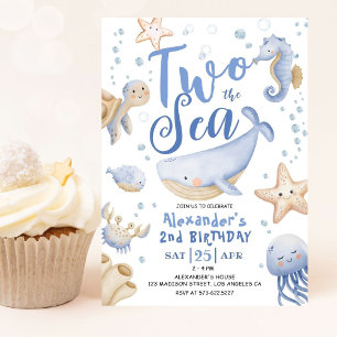 TWO The Sea 2nd Birthday Boy Blue Cute Ocean  Invitation