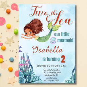 Two the Sea brown Mermaid Girls 2nd birthday Invitation